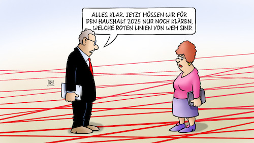 Cartoon: Rote Linien für Haushalt 2025 (medium) by Harm Bengen tagged haushalt,bundesregierung,2025,roten,linien,verwirrung,harm,bengen,cartoon,karikatur,haushalt,bundesregierung,2025,roten,linien,verwirrung,harm,bengen,cartoon,karikatur