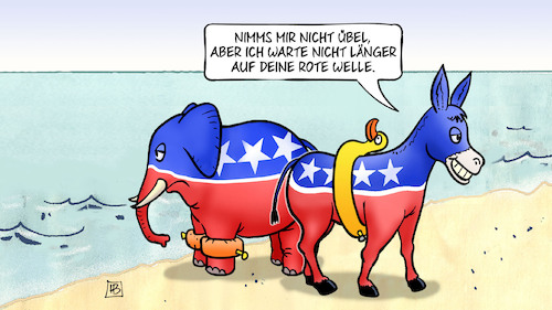 Cartoon: Rote Welle (medium) by Harm Bengen tagged rote,welle,strand,elefant,esel,republikaner,demokraten,midterms,wahlen,usa,harm,bengen,cartoon,karikatur,rote,welle,strand,elefant,esel,republikaner,demokraten,midterms,wahlen,usa,harm,bengen,cartoon,karikatur