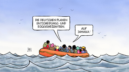 Cartoon: Rückkehrzentren (medium) by Harm Bengen tagged deutschland,plant,entscheidungs,und,rückkehrzentren,jamaika,meer,boot,flüchtlinge,harm,bengen,cartoon,karikatur,deutschland,plant,entscheidungs,und,rückkehrzentren,jamaika,meer,boot,flüchtlinge,harm,bengen,cartoon,karikatur