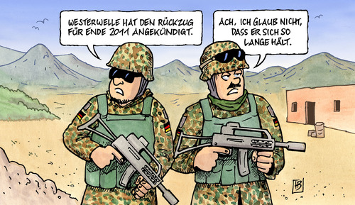 Cartoon: Rückzug 2011 (medium) by Harm Bengen tagged rückzug,afghanistan,westerwelle,fdp,2011,armee,guttenberg,bundeswehr,auslandseinsatz,rückzug,afghanistan,westerwelle,fdp,2011,armee,guttenberg,bundeswehr,auslandseinsatz