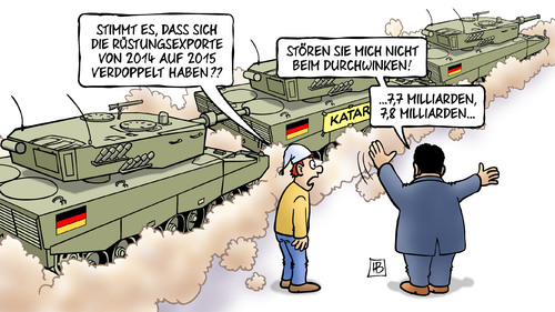 Cartoon: Rüstungsexporte verdoppelt (medium) by Harm Bengen tagged rüstungsexporte,waffenexporte,rüstungsindustrie,verdoppelt,durchwinken,bundesregierung,wirtschaftsministerium,gabriel,panzer,katar,harm,bengen,cartoon,karikatur,rüstungsexporte,waffenexporte,rüstungsindustrie,verdoppelt,durchwinken,bundesregierung,wirtschaftsministerium,gabriel,panzer,katar,harm,bengen,cartoon,karikatur