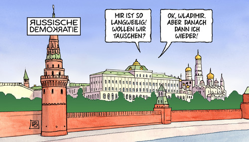 Cartoon: Russische Demokratie (medium) by Harm Bengen tagged russisch,demokratie,russland,medwedjew,putin,kreml,moskau,wahl,praesident,ministerpraesident,russisch,demokratie,russland,medwedjew,putin,kreml,moskau,wahl