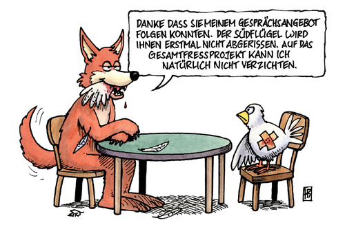 Cartoon: S21-Gesprächsangebot (medium) by Harm Bengen tagged s21,gesprächsangebot,gespräch,angebot,stuttgart,21,bahn,projekt,hauptbahnhof,kopfbahnhof,abriß,baum,südflügel,nordflügel,protest,demonstration,mappus,cdu,fdp,polizei,fuchs,vogel,tisch,s21,stuttgart 21,gespräch,bahn,projekt,hauptbahnhof,kopfbahnhof,stuttgart,21