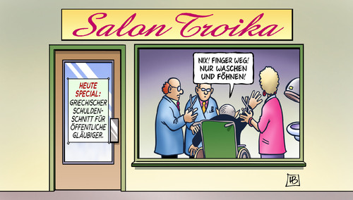 Cartoon: Salon Troika (medium) by Harm Bengen tagged harm,staatsanleihen,kredit,schulden,steuerzahler,eurozone,frisiersalon,frisöre,schäuble,kommission,eu,ezb,iwf,troika,gläubiger,griechenland,schuldenschnitt,bengen,cartoon,karikatur,schuldenschnitt,griechenland,gläubiger,troika,iwf,ezb,eu,kommission,schäuble,frisöre,frisiersalon,eurozone,steuerzahler,schulden,kredit,staatsanleihen,harm,bengen,cartoon,karikatur