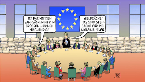 Cartoon: Sandsäcke (medium) by Harm Bengen tagged sandsäcke,brüssel,geldsäcke,europa,eu,gipfel,helme,verteidigungsminister,hilfe,russland,ukraine,krieg,harm,bengen,cartoon,karikatur,sandsäcke,brüssel,geldsäcke,europa,eu,gipfel,helme,verteidigungsminister,hilfe,russland,ukraine,krieg,harm,bengen,cartoon,karikatur