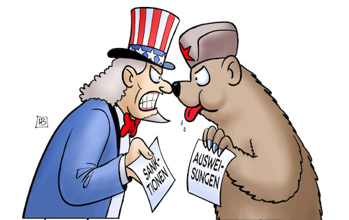 Cartoon: Sanktionen vs. Ausweisungen (medium) by Harm Bengen tagged sanktionen,diplomatische,ausweisungen,usa,russland,bär,uncle,sam,zunge,harm,bengen,cartoon,karikatur,sanktionen,diplomatische,ausweisungen,usa,russland,bär,uncle,sam,zunge,harm,bengen,cartoon,karikatur