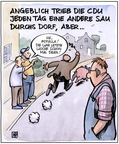 Cartoon: Sau durchs Dorf (medium) by Harm Bengen tagged sau,dorf,pofalla,cdu,wahlkampf,generalsekretär,treiben,polemik,cdu,ronald pofalla,politiker,sau,schwein,tier,dorf,land,jagen,jagd,jäger,treiben,bauer,hirte,wiederholung,sommerloch,politisierung,sensationslust,pressegeil,schlagzeilengeil,mediengeil,kamerageil,idee,schnapsidee,stammtisch,stammtischgeschwätz,stammtischstratege,volksmeinung,mehrheitsmeinung,mehrheitsfähig,politik,politikverdrossenheit,politstratege,parteistratege,parteienstreit,parteiengezänk,generalsekretär,union,christdemokrat,konrad adenauer haus,wadelbeißer,große koalition,koalitionspartner,umgang,spd,initiative,gesetzesinitiative,vorlage,gesetzesvorlage,reform,ronald,pofalla,große,koalition,konrad,adenauer,haus