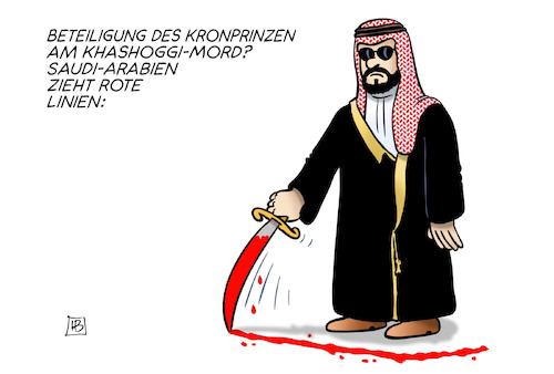 Cartoon: Saudische rote Linien (medium) by Harm Bengen tagged beteiligung,kronprinz,khashoggi,mord,saudi,arabien,rote,linien,usa,trump,bin,salman,säbel,blut,harm,bengen,cartoon,karikatur,beteiligung,kronprinz,khashoggi,mord,saudi,arabien,rote,linien,usa,trump,bin,salman,säbel,blut,harm,bengen,cartoon,karikatur