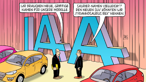 Cartoon: Saurier-Namen (medium) by Harm Bengen tagged neue,namen,modelle,saurier,suv,tyrannosaurus,rex,iaa,automobilindustrie,messe,harm,bengen,cartoon,karikatur,neue,namen,modelle,saurier,suv,tyrannosaurus,rex,iaa,automobilindustrie,messe,harm,bengen,cartoon,karikatur