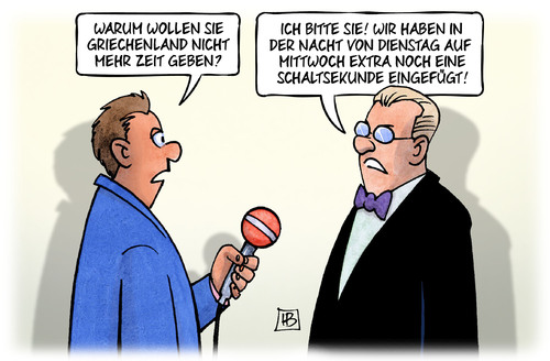 Cartoon: Schaltsekunde (medium) by Harm Bengen tagged schaltsekunde,mittwoch,dienstag,zeit,ezb,eu,institutionen,troika,grexit,europa,frist,euro,volksabstimmung,referendum,karikatur,cartoon,bengen,harm,schulden,pleite,griechenland,iwf,zeit,dienstag,mittwoch,schaltsekunde,referendum,volksabstimmung,euro,frist,europa,grexit,troika,institutionen,eu,ezb,iwf,griechenland,pleite,schulden,harm,bengen,cartoon,karikatur