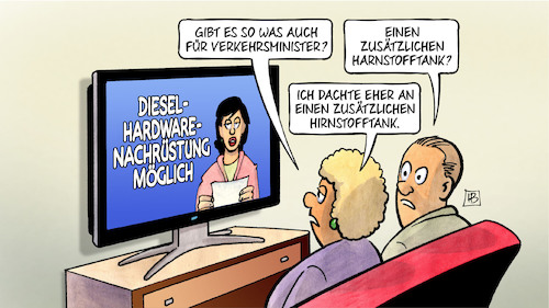 Cartoon: Scheuer-Nachrüstung (medium) by Harm Bengen tagged verkehrsminister,scheuer,zusätzlicher,harnstofftank,hirnstofftank,diesel,hardware,nachrüstung,tv,harm,bengen,cartoon,karikatur,verkehrsminister,scheuer,zusätzlicher,harnstofftank,hirnstofftank,diesel,hardware,nachrüstung,tv,harm,bengen,cartoon,karikatur