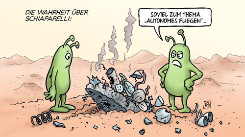 Cartoon: Schiaparelli (medium) by Harm Bengen tagged karikatur,cartoon,bengen,harm,absturz,crash,tesla,autopilot,fahren,fliegen,autonomes,weltraumfahrt,esa,roskosmos,aliens,mars,schiaparelli,schiaparelli,mars,aliens,roskosmos,esa,weltraumfahrt,autonomes,fliegen,fahren,autopilot,tesla,crash,absturz,harm,bengen,cartoon,karikatur