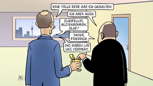 Cartoon: Scholz- und Merz-Reden (medium) by Harm Bengen tagged reden,bundestag,generaldebatte,bundeskanzler,oppositionsführer,heiser,hustenbonbon,olaf,friedrich,merz,harm,bengen,cartoon,karikatur,reden,bundestag,generaldebatte,bundeskanzler,oppositionsführer,heiser,hustenbonbon,olaf,friedrich,merz,harm,bengen,cartoon,karikatur