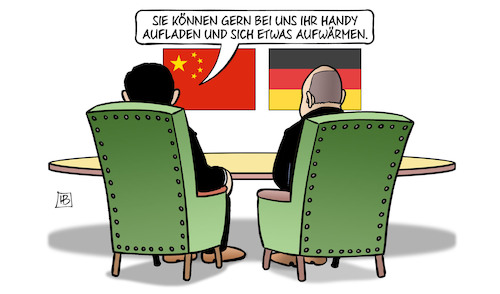 Cartoon: Scholz bei Xi (medium) by Harm Bengen tagged scholz,xi,reise,besuch,china,handy,aufladen,aufwärmen,harm,bengen,cartoon,karikatur,scholz,xi,reise,besuch,china,handy,aufladen,aufwärmen,harm,bengen,cartoon,karikatur