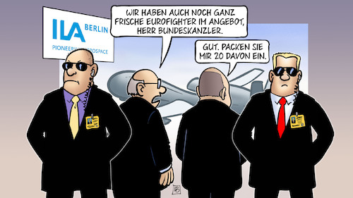 Cartoon: Scholz kauft ein (medium) by Harm Bengen tagged ila,luftfahrtausstellung,eurofighter,angebot,scholz,bundeskanzler,einkauf,krieg,rüstung,security,harm,bengen,cartoon,karikatur,ila,luftfahrtausstellung,eurofighter,angebot,scholz,bundeskanzler,einkauf,krieg,rüstung,security,harm,bengen,cartoon,karikatur