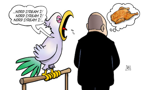 Cartoon: Scholz und Nord Stream 2 (medium) by Harm Bengen tagged nord,stream,papagei,nachplappern,wiederholen,nerven,brathähnchen,rache,scholz,ukraine,russland,harm,bengen,cartoon,karikatur,nord,stream,papagei,nachplappern,wiederholen,nerven,brathähnchen,rache,scholz,ukraine,russland,harm,bengen,cartoon,karikatur