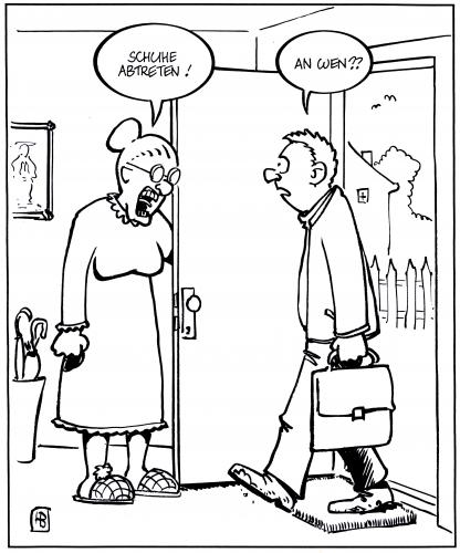 Cartoon: Schuhe abtreten (medium) by Harm Bengen tagged haushalt,ehe,ehefrau,ehemann,missverständnis,schuhe,abtreten,sauberkeit,reinlichkeit,putzen,reinigen,säubern,schlamm,schmutz,regen,regenwetter,wetter,witterung,unwetter