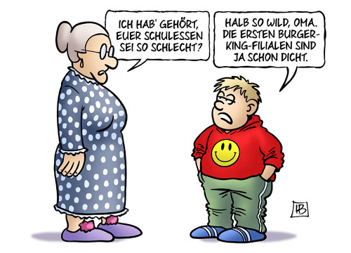 Cartoon: Schulessen (medium) by Harm Bengen tagged schulen,schule,schulessen,essen,fleisch,schlecht,oma,enkel,burger,king,filialen,schliessung,hygiene,harm,bengen,cartoon,karikatur,schulen,schule,schulessen,essen,fleisch,schlecht,oma,enkel,burger,king,filialen,schliessung,hygiene,harm,bengen,cartoon,karikatur