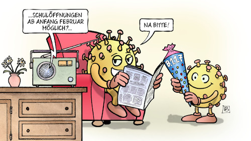 Cartoon: Schulöffnungen (medium) by Harm Bengen tagged schulöffnungen,februar,radio,corona,viren,virus,schultüte,b117,mutation,harm,bengen,cartoon,karikatur,schulöffnungen,februar,radio,corona,viren,virus,schultüte,b117,mutation,harm,bengen,cartoon,karikatur