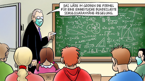 Cartoon: Schulquarantäne (medium) by Harm Bengen tagged formel,einheitliche,bundesweite,schulquarantäne,regelung,schule,lehrer,tafel,schüler,corona,harm,bengen,cartoon,karikatur,formel,einheitliche,bundesweite,schulquarantäne,regelung,schule,lehrer,tafel,schüler,corona,harm,bengen,cartoon,karikatur