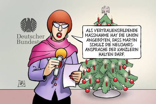 Cartoon: Schulz-Neujahrsansprache (medium) by Harm Bengen tagged schulz,merkel,neujahrsansprache,vertrauensbildende,massnahme,union,spd,weihnachten,kanzlerin,groko,sondierungen,koalition,harm,bengen,cartoon,karikatur,schulz,merkel,neujahrsansprache,vertrauensbildende,massnahme,union,spd,weihnachten,kanzlerin,groko,sondierungen,koalition,harm,bengen,cartoon,karikatur