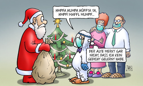 Cartoon: Schutznuscheln (medium) by Harm Bengen tagged weihnachten,weihnachtsmann,bescherung,schutznuscheln,gedicht,schutzanzug,masken,corona,kind,eltern,harm,bengen,cartoon,karikatur,weihnachten,weihnachtsmann,bescherung,schutznuscheln,gedicht,schutzanzug,masken,corona,kind,eltern,harm,bengen,cartoon,karikatur