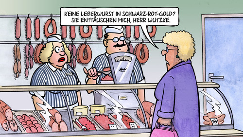 Cartoon: Schwarz-Rot-Wurst (medium) by Harm Bengen tagged schwarz,rot,gold,wurst,leberwurst,schlachter,metzger,em,europameisterschaft,fussball,patriotismus,nationalismus,harm,bengen,cartoon,karikatur,schwarz,rot,gold,wurst,leberwurst,schlachter,metzger,em,europameisterschaft,fussball,patriotismus,nationalismus,harm,bengen,cartoon,karikatur