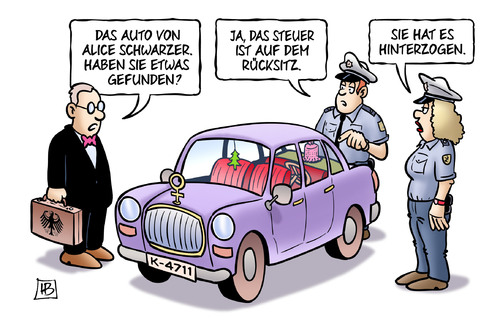 Cartoon: Schwarzer-Steuer (medium) by Harm Bengen tagged alice,schwarzer,steuer,steuerhinterziehung,finanzamt,fiskus,polizei,emma,feminismus,auto,durchsuchung,harm,bengen,cartoon,karikatur,alice,schwarzer,steuer,steuerhinterziehung,finanzamt,fiskus,polizei,emma,feminismus,auto,durchsuchung,harm,bengen,cartoon,karikatur