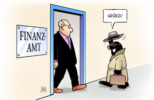 Cartoon: Schweizer Maulwurf (medium) by Harm Bengen tagged schweiz,deutschland,finanzamt,steuer,cds,ankauf,spionage,agent,maulwurf,geheimdienst,harm,bengen,cartoon,karikatur,schweiz,deutschland,finanzamt,steuer,cds,ankauf,spionage,agent,maulwurf,geheimdienst,harm,bengen,cartoon,karikatur