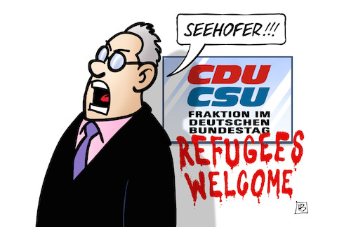 Cartoon: Seehofers Wandel (medium) by Harm Bengen tagged seehofer,wandel,refugees,welcome,flüchtling,migration,cdu,csu,fraktion,kritik,graffiti,schreien,harm,bengen,cartoon,karikatur,seehofer,wandel,refugees,welcome,flüchtling,migration,cdu,csu,fraktion,kritik,graffiti,schreien,harm,bengen,cartoon,karikatur