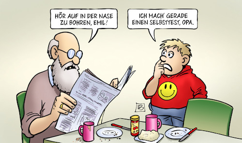 Cartoon: Selbsttest-Nase (medium) by Harm Bengen tagged nase,selbsttest,opa,popeln,susemil,emil,schnelltests,selbstschnelltest,corona,kind,enkel,harm,bengen,cartoon,karikatur,nase,selbsttest,opa,popeln,susemil,emil,schnelltests,selbstschnelltest,corona,kind,enkel,harm,bengen,cartoon,karikatur