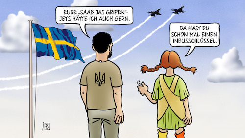 Cartoon: Selenskyj in Schweden (medium) by Harm Bengen tagged saab,jas,gripen,kampfjets,jets,inbusschlüssel,ikea,selenskyj,schweden,pippi,langstrumpf,bausatz,russland,ukraine,krieg,harm,bengen,cartoon,karikatur,saab,jas,gripen,kampfjets,jets,inbusschlüssel,ikea,selenskyj,schweden,pippi,langstrumpf,bausatz,russland,ukraine,krieg,harm,bengen,cartoon,karikatur