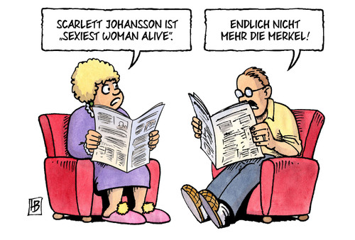 Cartoon: Sexiest Woman Alive (medium) by Harm Bengen tagged sexiest,woman,alive,scarlett,johansson,merkel,harm,bengen,cartoon,karikatur,sexiest,woman,alive,scarlett,johansson,merkel,harm,bengen,cartoon,karikatur