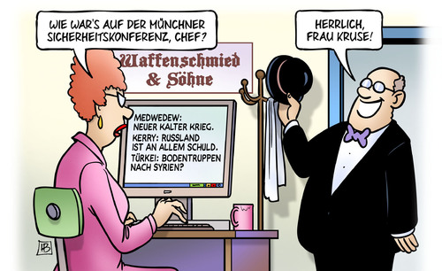 Cartoon: Sicherheitskonferenz (medium) by Harm Bengen tagged medwedew,kalter,krieg,kerry,russland,usa,türkei,bodentruppen,münchner,münchen,sicherheitskonferenz,syrien,waffenhandel,rüstungslobby,harm,bengen,cartoon,karikatur,medwedew,kalter,krieg,kerry,russland,usa,türkei,bodentruppen,münchner,münchen,sicherheitskonferenz,syrien,waffenhandel,rüstungslobby,harm,bengen,cartoon,karikatur