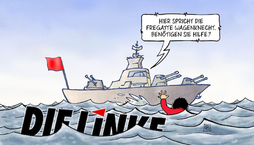 Cartoon: Sinkende Linke (medium) by Harm Bengen tagged fregatte,kriegsschiff,wagenknecht,hilfe,schiff,wasser,seenot,amira,mohamed,ali,linke,sinken,untergang,rettung,spaltung,partei,harm,bengen,cartoon,karikatur,fregatte,kriegsschiff,wagenknecht,hilfe,schiff,wasser,seenot,amira,mohamed,ali,linke,sinken,untergang,rettung,spaltung,partei,harm,bengen,cartoon,karikatur