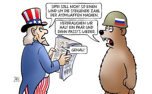 Cartoon: Sipri und Atomwaffen (medium) by Harm Bengen tagged sipri,zahl,atomwaffen,uncle,sam,usa,bär,rüstung,zeitung,lesen,friedensforschungsinstitut,russland,ukraine,krieg,harm,bengen,cartoon,karikatur,sipri,zahl,atomwaffen,uncle,sam,usa,bär,rüstung,zeitung,lesen,friedensforschungsinstitut,russland,ukraine,krieg,harm,bengen,cartoon,karikatur