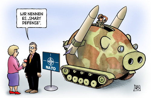 Cartoon: Smart Defense (medium) by Harm Bengen tagged smart,defense,nato,gipfel,krise,schuldenkrise,eurokrise,europa,usa,wirtschaft,afghanistan,krieg,aufstand,rückzug,abzug,sparen,sparschwein,raketen,raketenabwehr,schild,interview,smart,defense,nato,gipfel,krise,schuldenkrise,eurokrise,europa,usa,wirtschaft,afghanistan,krieg,aufstand