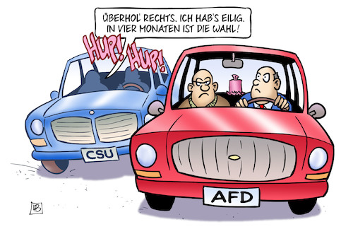 Cartoon: Söders Asylplan (medium) by Harm Bengen tagged söder,asylplan,rechts,eilig,landtagswahl,csu,afd,rechtsextremismus,auto,kfz,überholen,harm,bengen,cartoon,karikatur,söder,asylplan,rechts,eilig,landtagswahl,csu,afd,rechtsextremismus,auto,kfz,überholen,harm,bengen,cartoon,karikatur