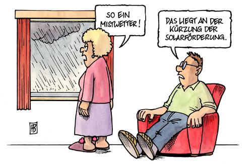 Cartoon: Solarförderung (medium) by Harm Bengen tagged solarfoerderung,sonne,regen,wetter,kuerzung,roettgen,erneuerbare,energien,strom,solarfoerderung,sonne,regen,wetter,kürzung,energien,strom,energie