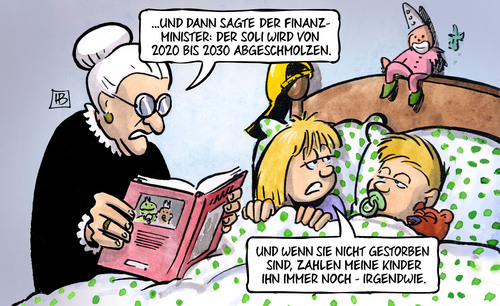 Cartoon: Soli abschmelzen (medium) by Harm Bengen tagged finanzminister,soli,solidaritaetszuschlag,steuer,2020,2030,abschmelzen,kinder,zahlen,oma,maerchen,vorlesen,bett,harm,bengen,cartoon,karikatur,finanzminister,soli,solidaritaetszuschlag,steuer,2020,2030,abschmelzen,kinder,zahlen,oma,maerchen,vorlesen,bett,harm,bengen,cartoon,karikatur