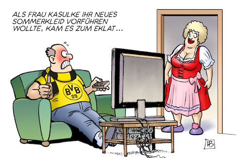 Cartoon: Sommerkleid (medium) by Harm Bengen tagged bvb,fcb,bayern,münchen,dortmund,kleid,tv,fussball,meisterschaft,konkurrenz,fans,harm,bengen,cartoon,karikatur,bvb,fcb,bayern,münchen,dortmund,kleid,tv,fussball,meisterschaft,konkurrenz,fans,harm,bengen,cartoon,karikatur