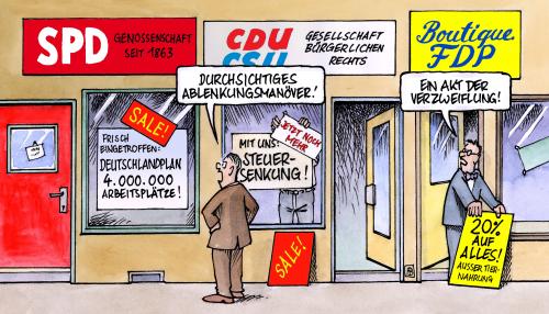 Cartoon: Sommerschlußverkauf (medium) by Harm Bengen tagged sommerschlußverkauf,sommerschlussverkauf,sale,wahlkampf,wahl,bundestagswahl,spd,cdu,csu,fdp,deutschlandplan,arbeitsplätze,steuer,steuererleichterungen,sommerschlußverkauf,sommerschlussverkauf,sale,wahlkampf,wahl,bundestagswahl,spd,csu,fdp,deutschlandplan,wahle