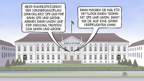 Cartoon: Sondierungsplan (medium) by Harm Bengen tagged bundespräsident,sondierungsplan,termin,groko,bundestagswahl,ergebnis,regierungsbildung,koalition,bundeskanzler,vorsondierungen,koalitionsverhandlungen,berlin,spd,grüne,fdp,ampel,jamika,union,harm,bengen,cartoon,karikatur,bundespräsident,sondierungsplan,termin,groko,bundestagswahl,ergebnis,regierungsbildung,koalition,bundeskanzler,vorsondierungen,koalitionsverhandlungen,berlin,spd,grüne,fdp,ampel,jamika,union,harm,bengen,cartoon,karikatur