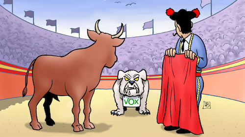 Cartoon: Spanien-Wahl (medium) by Harm Bengen tagged stier,torero,hund,spanien,wahl,faschisten,vox,arena,harm,bengen,cartoon,karikatur,stier,torero,hund,spanien,wahl,faschisten,vox,arena,harm,bengen,cartoon,karikatur