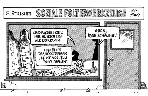 Cartoon: Sparpaket (medium) by Harm Bengen tagged sparpaket,schäuble,sozialbeiträge,folter,werkzeug,mehrwertsteuer