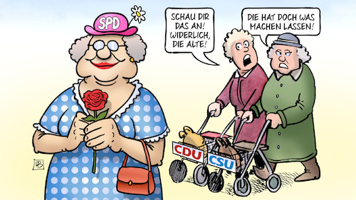 Cartoon: SPD-Stolz (medium) by Harm Bengen tagged alter,rollatoren,spd,cdu,csu,rose,schoenheitsoperationen,parteien,harm,bengen,cartoon,karikatur,alter,rollatoren,spd,cdu,csu,rose,schoenheitsoperationen,parteien,harm,bengen,cartoon,karikatur