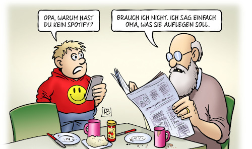 Cartoon: Spotify (medium) by Harm Bengen tagged opa,spotify,oma,auflegen,musik,streamingdienst,internet,enkelkind,harm,bengen,cartoon,karikatur,opa,spotify,oma,auflegen,musik,streamingdienst,internet,enkelkind,harm,bengen,cartoon,karikatur