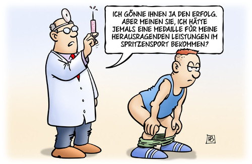 Cartoon: Spritzensport (medium) by Harm Bengen tagged erfolg,medaille,leistungen,im,spritzensport,spitzensport,arzt,doping,sport,harm,bengen,cartoon,karikatur,erfolg,medaille,leistungen,im,spritzensport,spitzensport,arzt,doping,sport,harm,bengen,cartoon,karikatur