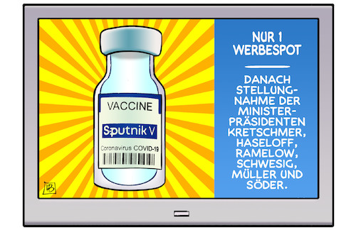 Cartoon: Sputnik-V-Werbung (medium) by Harm Bengen tagged werbespot,stellungnahme,ministerpraesidenten,kretschmer,haseloff,ramelow,corona,impfstoff,sputnik,russland,tv,werbung,harm,bengen,cartoon,karikatur,werbespot,stellungnahme,ministerpraesidenten,kretschmer,haseloff,ramelow,corona,impfstoff,sputnik,russland,tv,werbung,harm,bengen,cartoon,karikatur