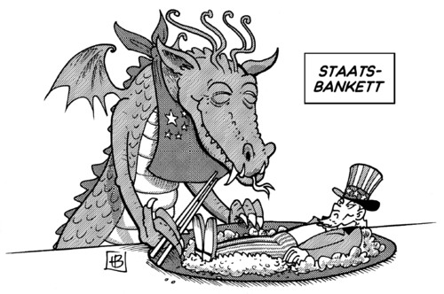 Cartoon: Staatsbankett USA-China (medium) by Harm Bengen tagged sam,uncle,drache,teller,verspeisen,fressen,essen,staatsanleihen,verschuldung,aufstieg,wirtschaft,mittagessen,jintao,hu,obama,china,usa,staatsbankett,staatsbankett,usa,china,barack obama,hu jintao,aufstieg,verschuldung,wirtschaft,essen,fressen,verspeisen,drache,barack,obama,hu,jintao